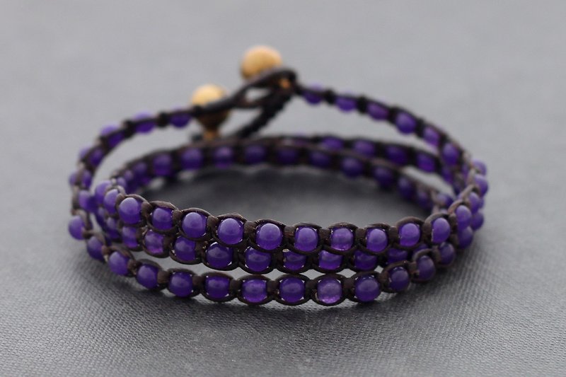 Amethyst Triple Wrap Unisex Bracelet Anklet Stone Woven - Bracelets - Stone Purple