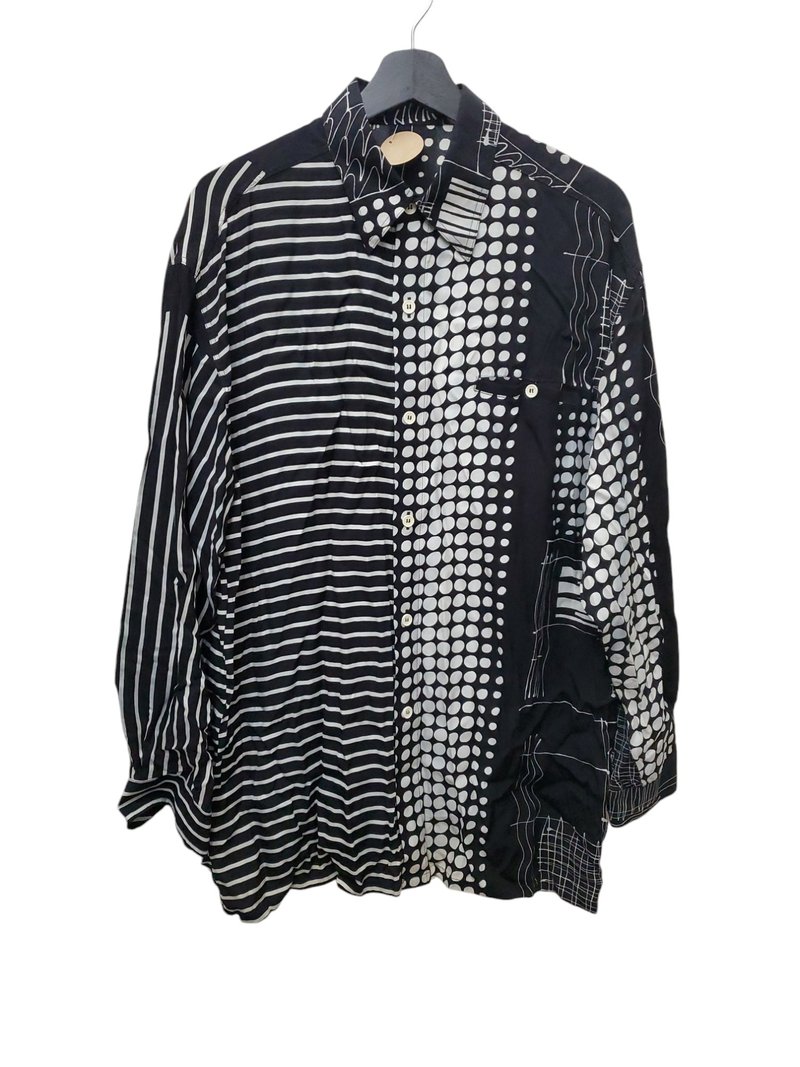 Politely wear Japanese vintage silk texture geometric splicing totem black and white long lining L size nearly new - Women's Shirts - Cotton & Hemp Black