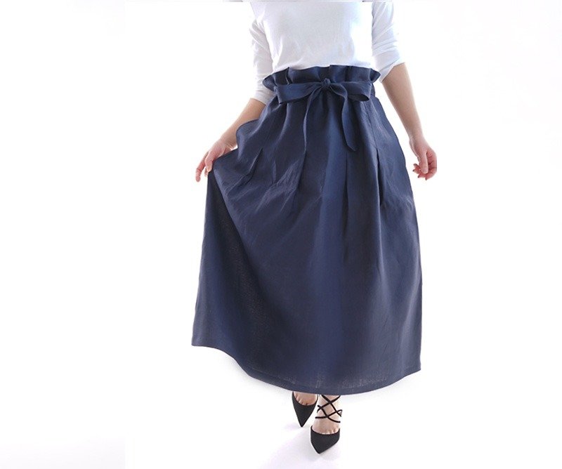 Tuck skirt / navy Belgian linen double loop sk8-9 - Skirts - Cotton & Hemp Blue