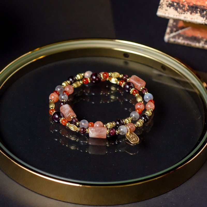 Cleopatra // C1241 Stone pomegranate red double ring bracelet - Bracelets - Gemstone 