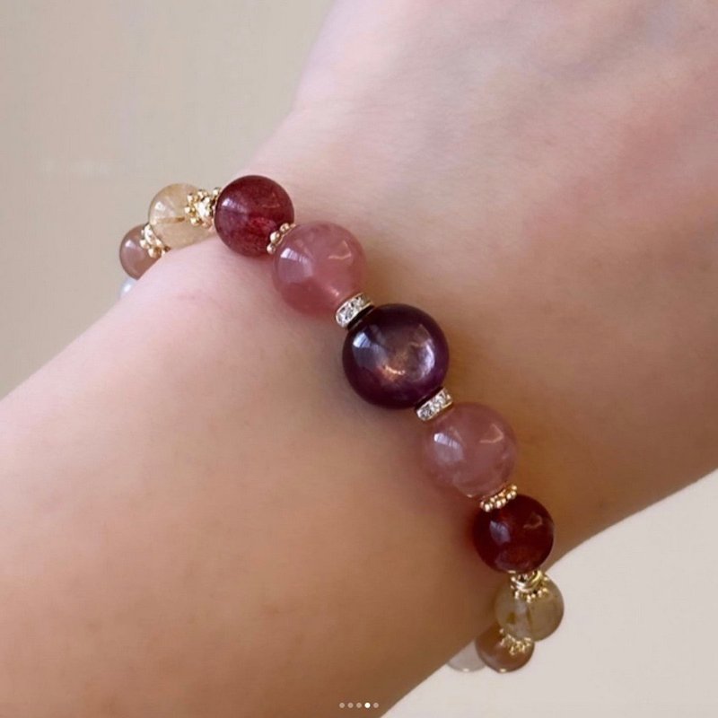 ITS-B604【Lithium Mica・Pink Quartz・Strawberry Crystal】14KGF Natural Gemstone Elastic Bracelet - Bracelets - Gemstone Purple