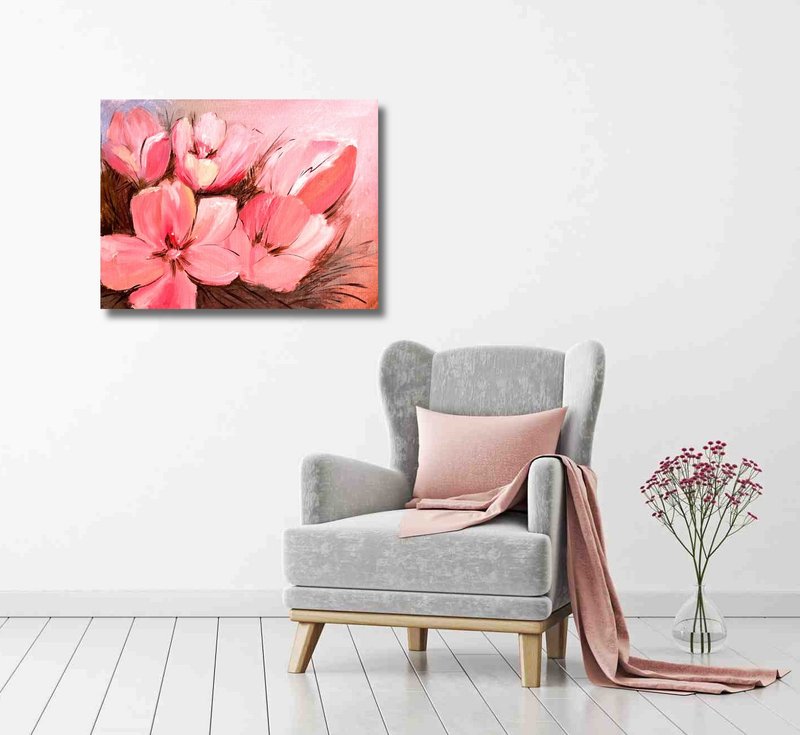 Present Painting Flower Wall Art Floral Decor Kitchen Decor Flowers Art - 海報/掛畫/掛布 - 壓克力 粉紅色
