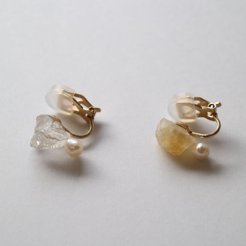 tow earring citrine crystal(clip type) - 耳環/耳夾/耳骨夾 - 石頭 黃色