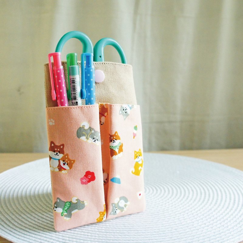 Lovely Japanese cloth [Shiba Inu double compartment pocket pencil bag] pink orange - กล่องดินสอ/ถุงดินสอ - ผ้าฝ้าย/ผ้าลินิน สีส้ม