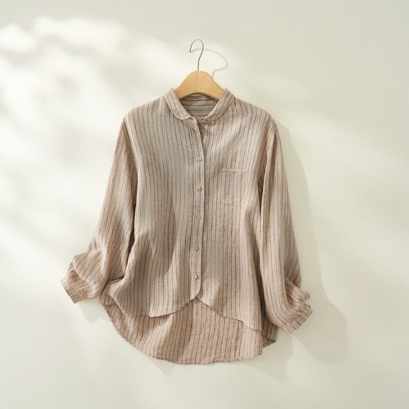 Striped Linen shirt in a variety of colors to enhance the seasonal mood Long sleeve shirt 100% Linen Light brown 240926-1 - เสื้อผู้หญิง - ผ้าฝ้าย/ผ้าลินิน 