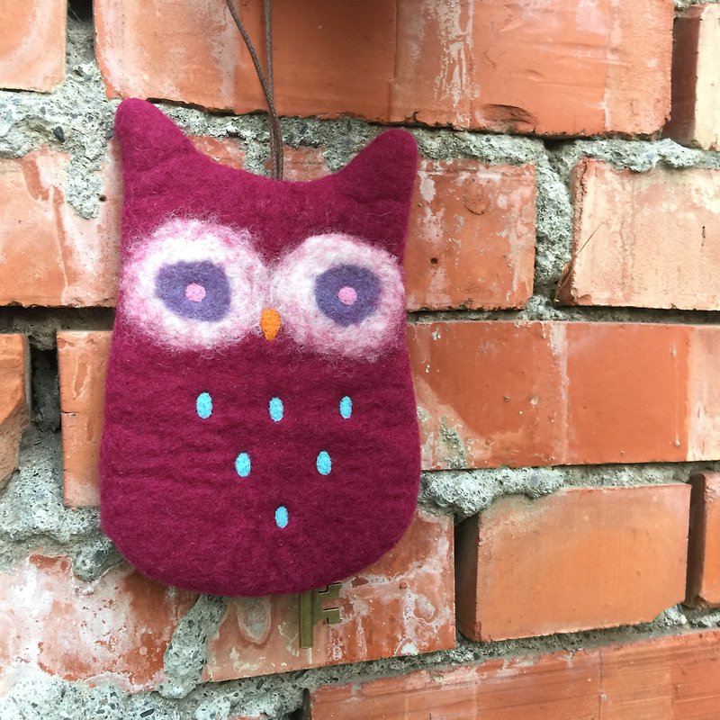 Owl wool felt key bag - ที่ห้อยกุญแจ - ขนแกะ สีแดง