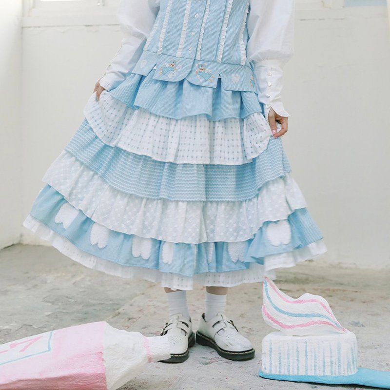 Meugler Niu Chou Island Niu Chou Dental Lolita Big Skirt Three-dimensional Teeth Plush Blue and White Cake Skirt - กระโปรง - วัสดุอื่นๆ หลากหลายสี