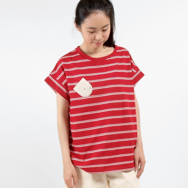 [HEYSUN]_Years _ irregular striped stitching stripes T-shirt - เสื้อยืดผู้หญิง - ผ้าฝ้าย/ผ้าลินิน สีแดง