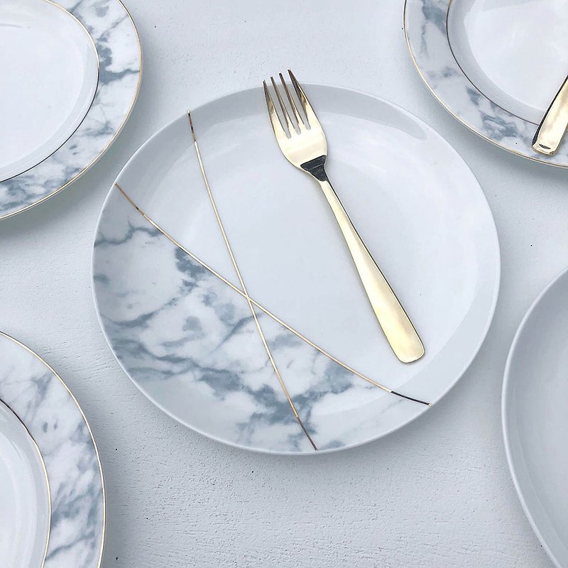 大理石紋金線條骨瓷盤 - 盤子/餐盤 - 陶 金色