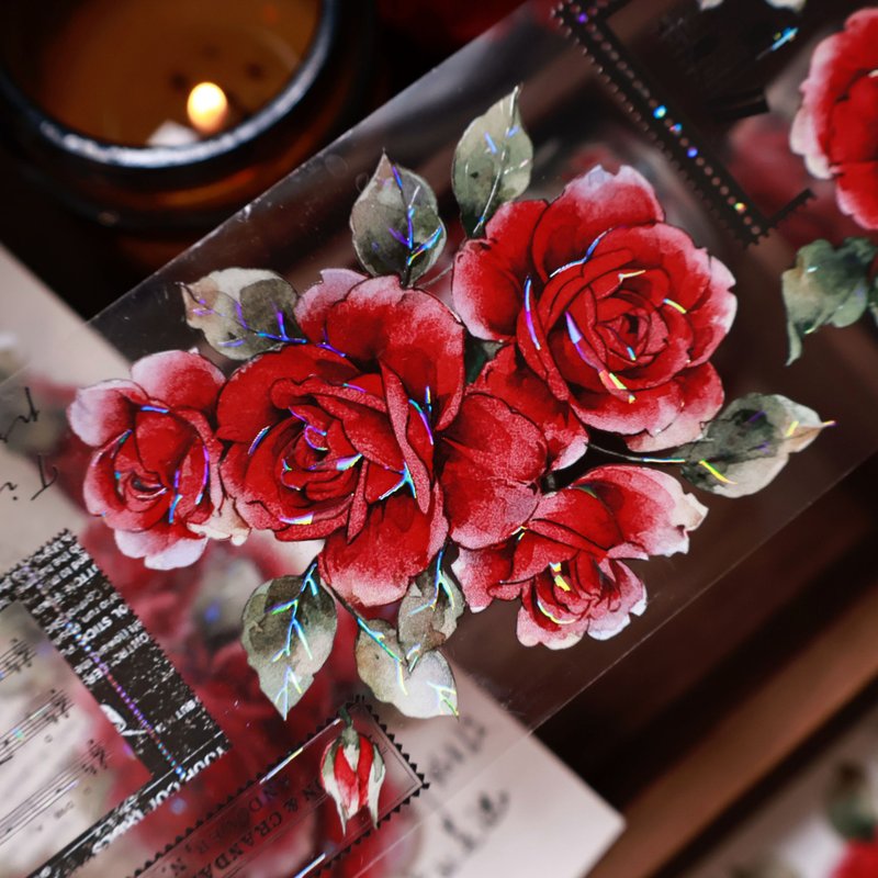 壹洱文創第14期新品【舊日紅箋】和紙膠帶紅玫瑰花手賬PET貼紙 - 紙膠帶/和紙/PET - 其他材質 紅色