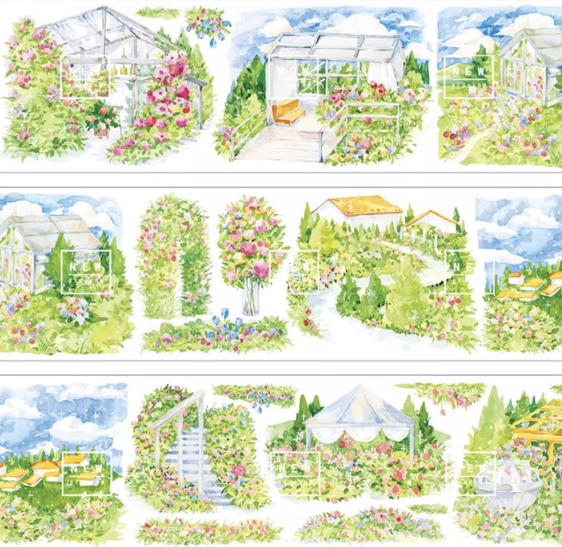 綠意花園 夏色の風景 水彩畫造景 PET 和紙膠帶 台灣製 10米卷 - 紙膠帶/和紙/PET - 其他材質 綠色