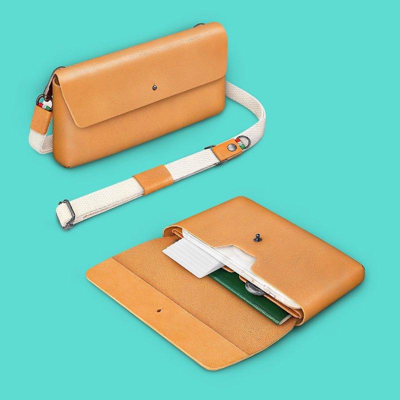 COZI- 義大利植鞣革 橫式多功能手機隨身包 斜掛包 胸包 手腕包 - 手機殼/手機套 - 真皮 橘色