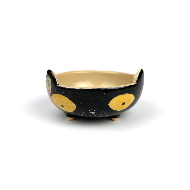 Nice Little Clay Handmade Light Small Bowl Black Cat 0202S-20 - ถ้วยชาม - ดินเผา ขาว