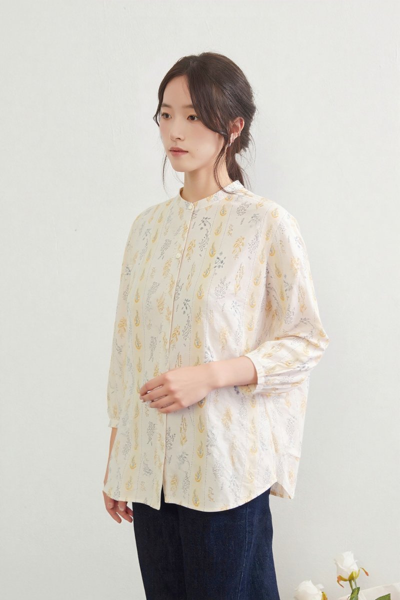 綿100ストライプ風ボタニカル柄ナチュラルテイストプリント長袖ブラウスシャツ - 女襯衫 - 棉．麻 黃色