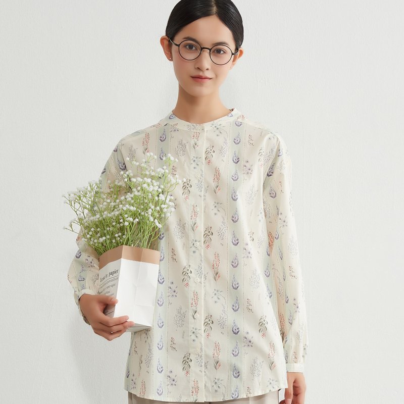 綿100ストライプ風ボタニカル柄ナチュラルテイストプリント長袖ブラウスシャツ - 女襯衫 - 棉．麻 黃色