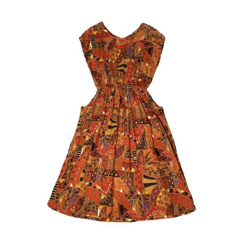 Japanese vintage abstract totem dress - ชุดเดรส - ผ้าฝ้าย/ผ้าลินิน หลากหลายสี