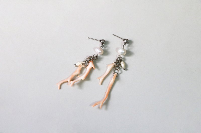 Natural Freshwater Pearl Light Pink Deep Sea Coral Branch_Handmade Earrings - Earrings & Clip-ons - Pearl Pink