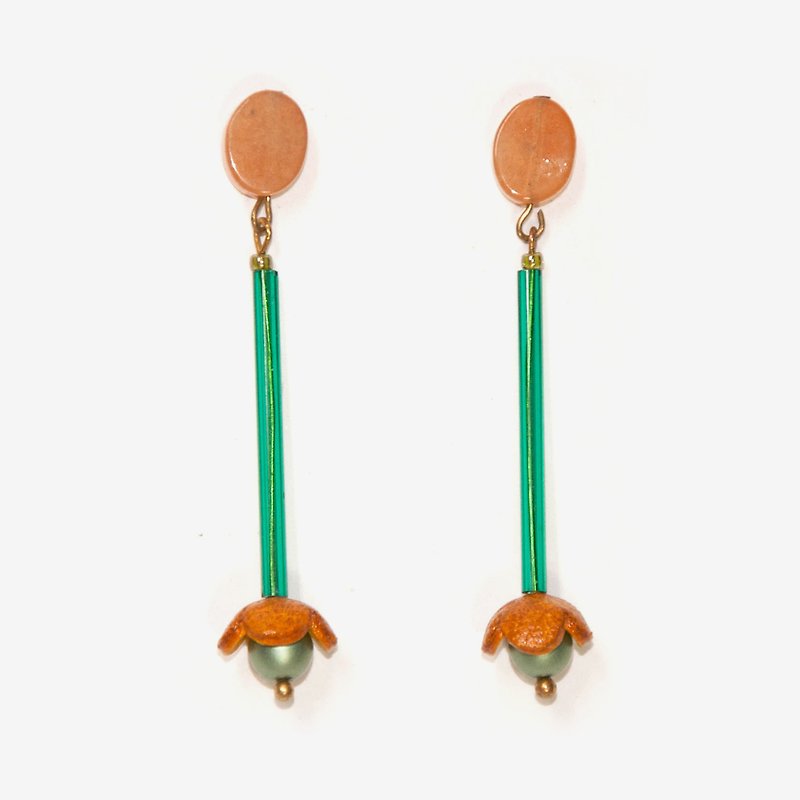 Leather Orange Flower with Green Tube Earrings, Post Earrings, Clip On Earrings - ต่างหู - โลหะ สีส้ม