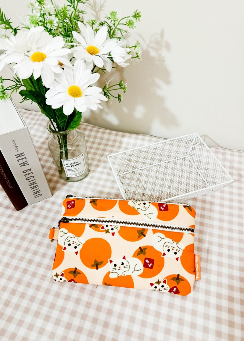 拾光系列零錢包/萬用包/拉鍊收納包/金吉利貓款 - 錢包/皮夾/長短夾 - 棉．麻 橘色