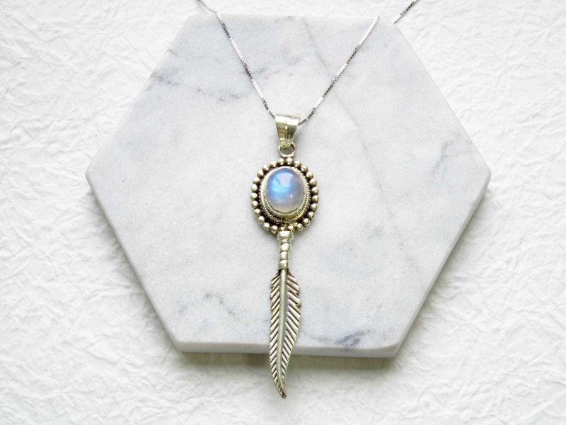 Moonstone Quartz heavy metal feather necklace Nepal handmade mosaic - Necklaces - Gemstone Blue