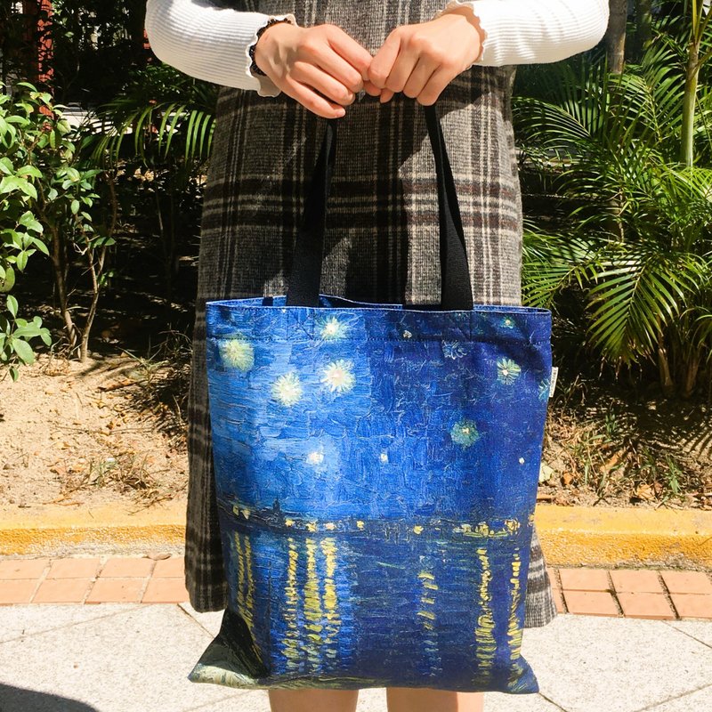 梵高拉鍊帆布袋-河上的星夜 純棉環保 優質印製 自家出品 - 手提包/手提袋 - 棉．麻 藍色