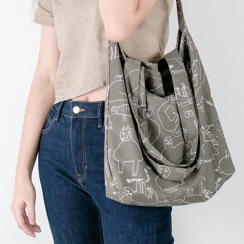 Grey Linen 2 Ways Tote Bag with Cat Pattern - 後背包/書包 - 棉．麻 灰色