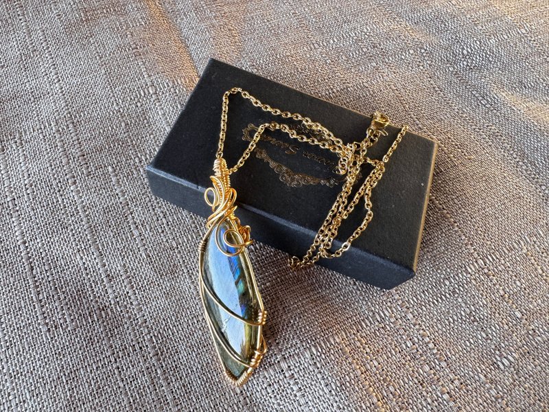 230623 wire wrapping 拉長石 銅線 繞線 吊墮 - 項鍊 - 銅/黃銅 藍色