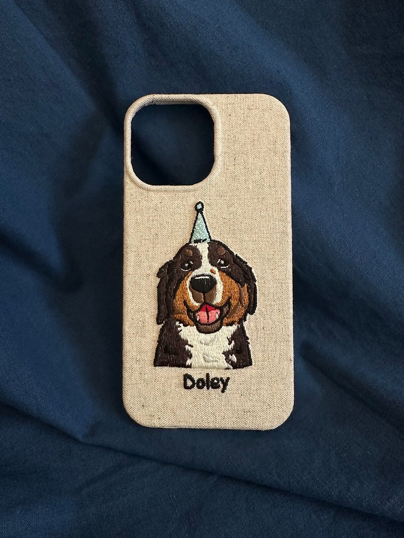 貓和狗狗可客製刺繡寵物布藝布面手機殼iPhone12131415Promax - 手機殼/手機套 - 棉．麻 藍色
