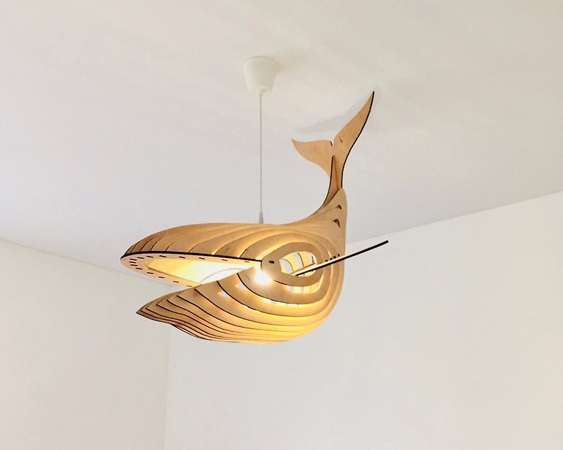 Whale Lamp. Ceiling chandelier. Wooden pendant light. Nursery lighting - โคมไฟ - ไม้ สีนำ้ตาล