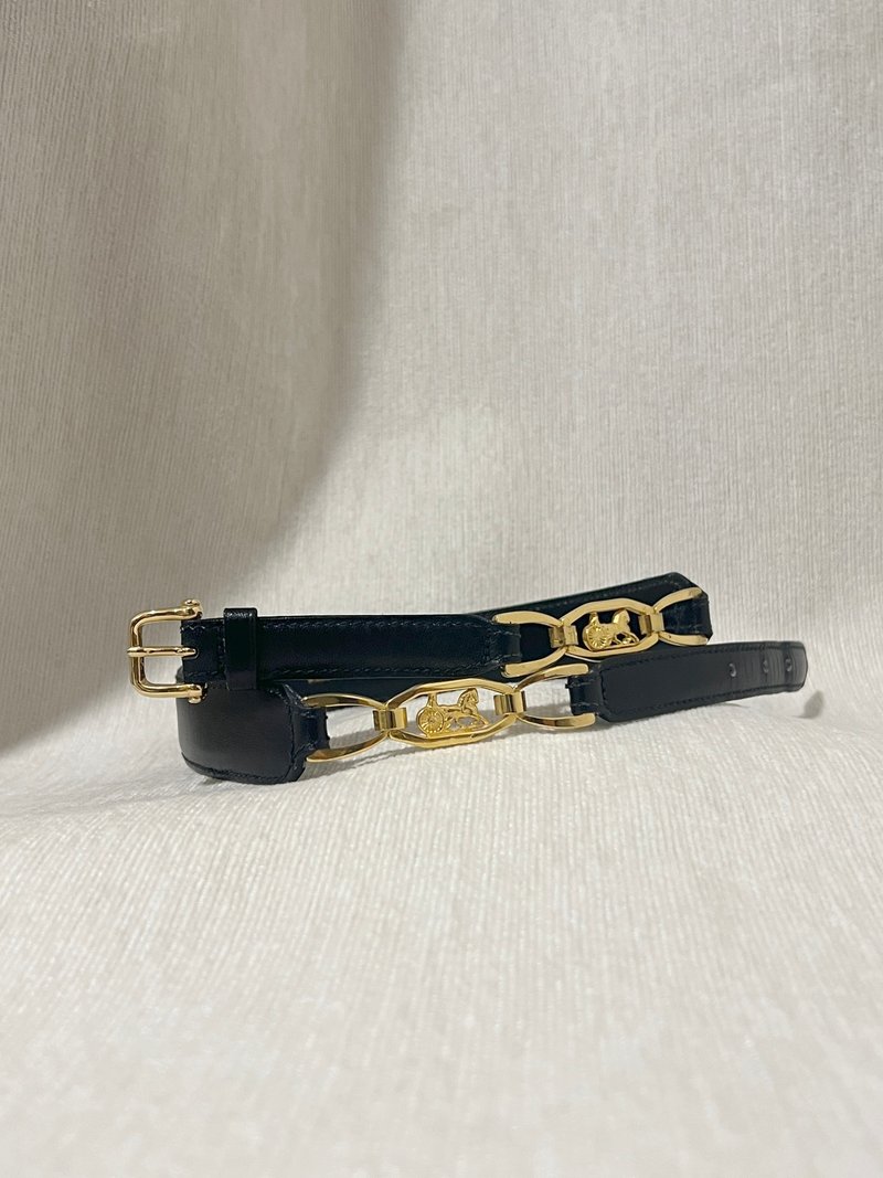 Celine稀有黑色皮帶金色馬車皮帶腰帶 日本中古Vintage - 皮帶/腰帶 - 真皮 黑色
