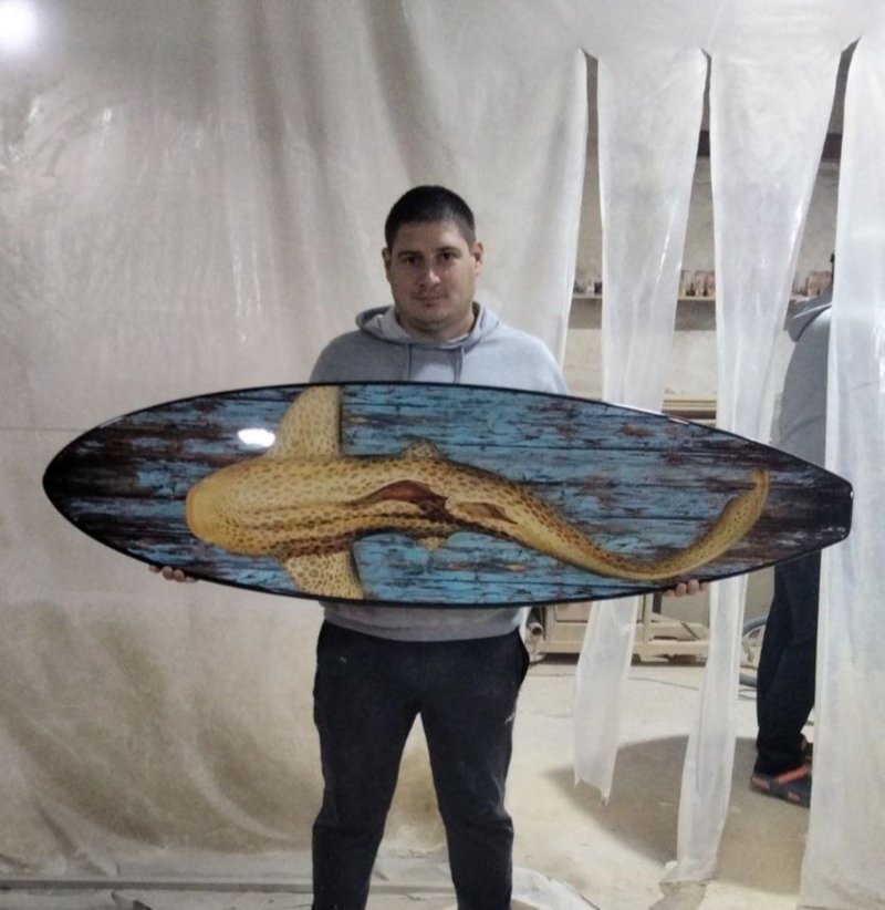 Surfboard Wall Art, Surfers gift, Leopard Shark, Wave, Beach Decor, Vintage - 壁貼/牆壁裝飾 - 木頭 多色