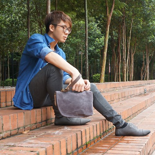 PERSONALIZED GENUINE LEATHER & WAXED CANVAS MEN ZIPPER CLUTCH BAG