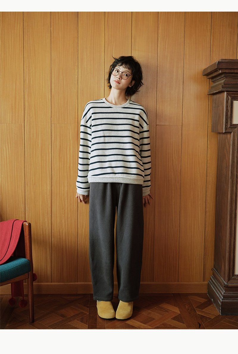 Grey polar fleece straight pants with elastic waist - กางเกงขายาว - ผ้าฝ้าย/ผ้าลินิน สีกากี