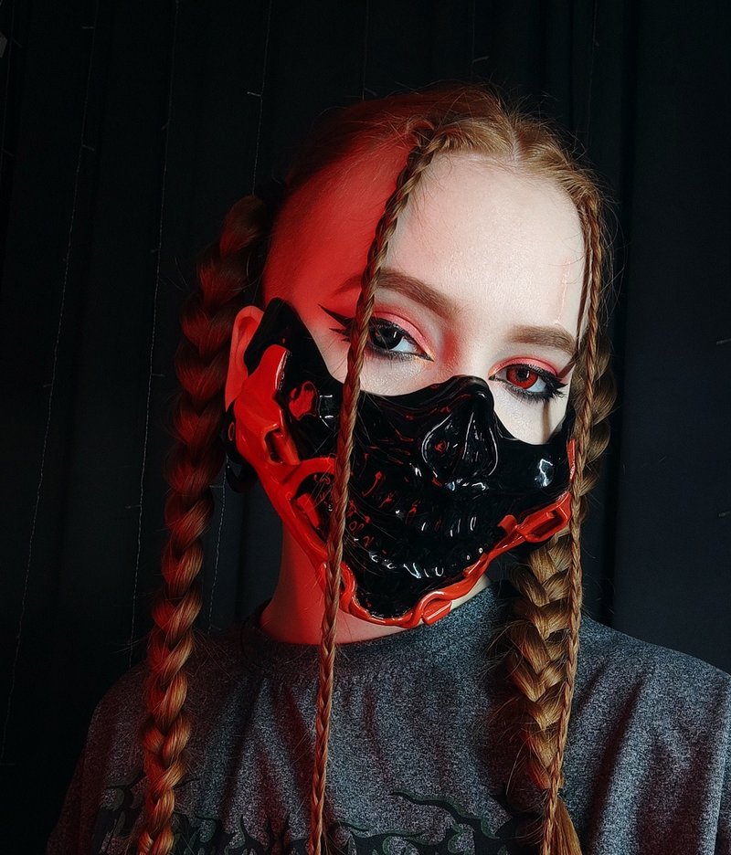 Mask skull cyberpunk demon halloween mortal kombat sabziro scorpion death - 口罩/口罩收納套 - 塑膠 黑色