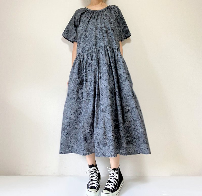 Deep woods pattern　 summer dress　 raglan short sleeves　Dark gray - One Piece Dresses - Cotton & Hemp Black