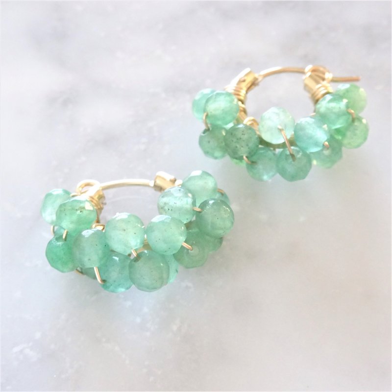 14kgf Green Aventurine wrapped hoop pierced earring / earring - 耳環/耳夾/耳骨夾 - 寶石 綠色