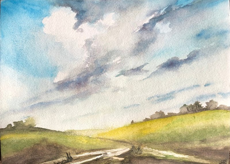 clouds over the field original watercolour painting art kitchen kitchen cabinets - 壁貼/牆壁裝飾 - 紙 多色