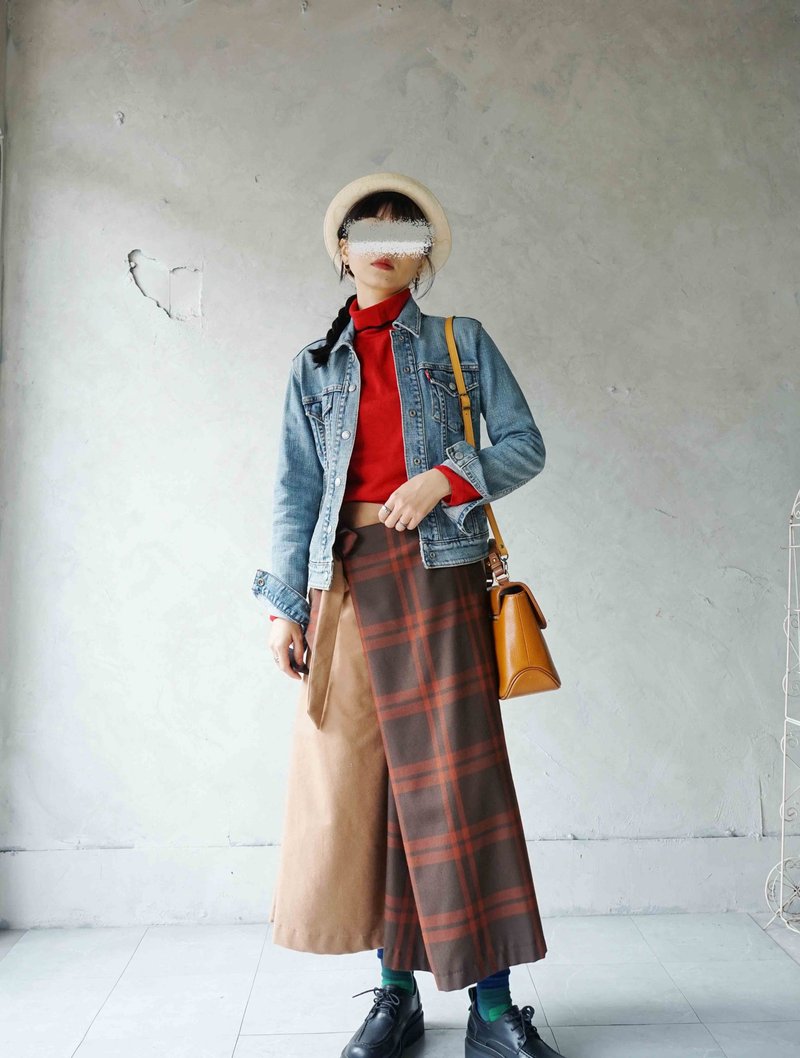 Handcrafted Design - Warm Brown Orange Plaid Khaki Patchwork Asymmetrical Wide-Leg Trousers - Women's Pants - Polyester Brown