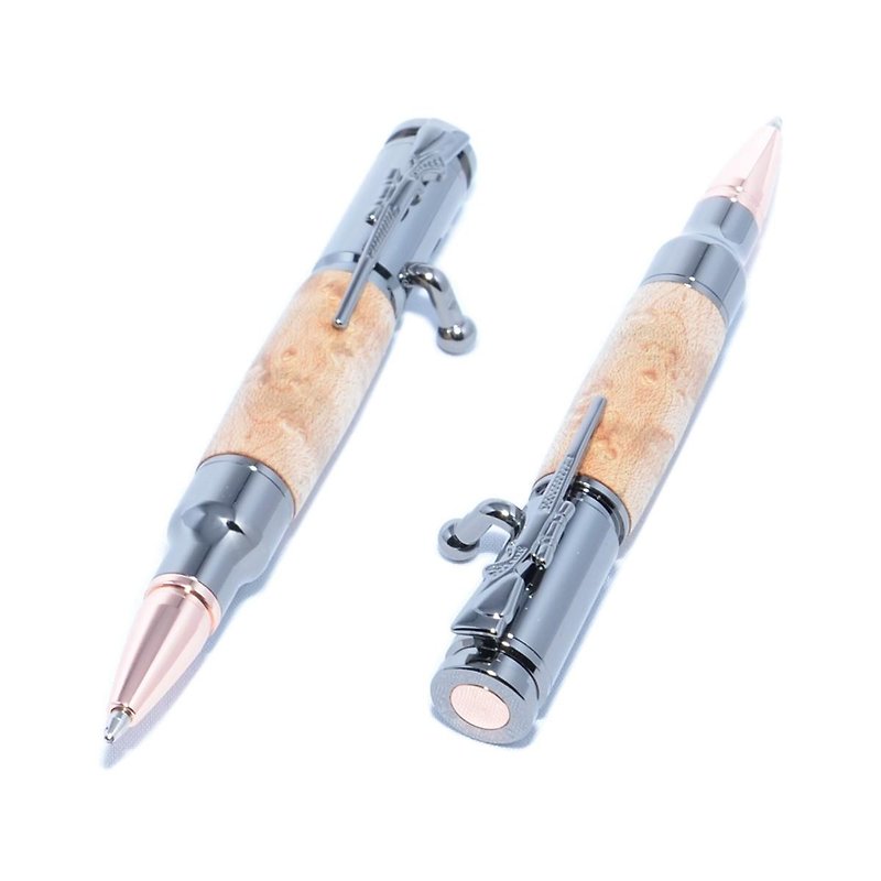 【Made to order】Wooden Bolt Action Mini Ballpoint Pen (Maple burl, Gun metal plating）MBA-GM-BIM - อุปกรณ์เขียนอื่นๆ - ไม้ สีเหลือง
