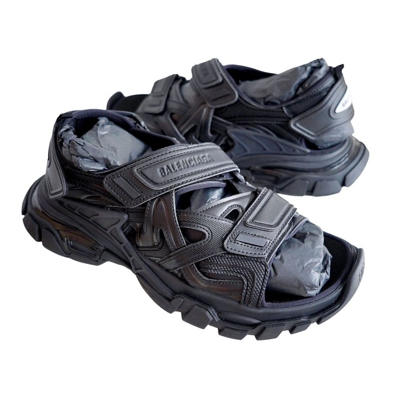 EU39 Balenciaga 黑色真皮Track橡膠魔術貼涼鞋 Demna Triple S - 涼鞋 - 真皮 黑色