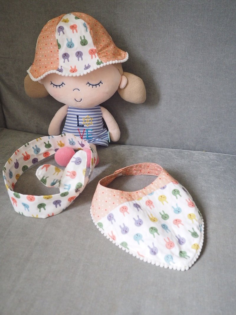 Handmade baby/ kid hat, headband and bib set with colorful rabbit pattern - ของขวัญวันครบรอบ - ผ้าฝ้าย/ผ้าลินิน สีส้ม