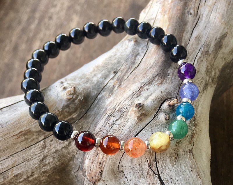 6mm natural Dancai Hong bracelet / chain itself Obsidian / Silver bead version - Bracelets - Gemstone Multicolor