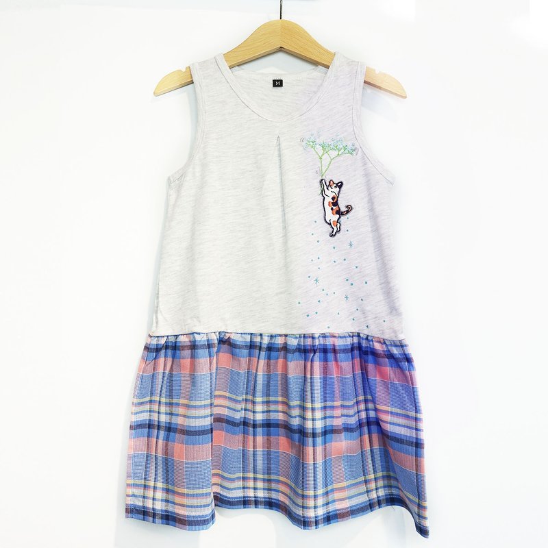 [Gypsophila] Children's clothing/two-color stitching skirt (Linen gray + blue plaid) - Tops & T-Shirts - Cotton & Hemp White