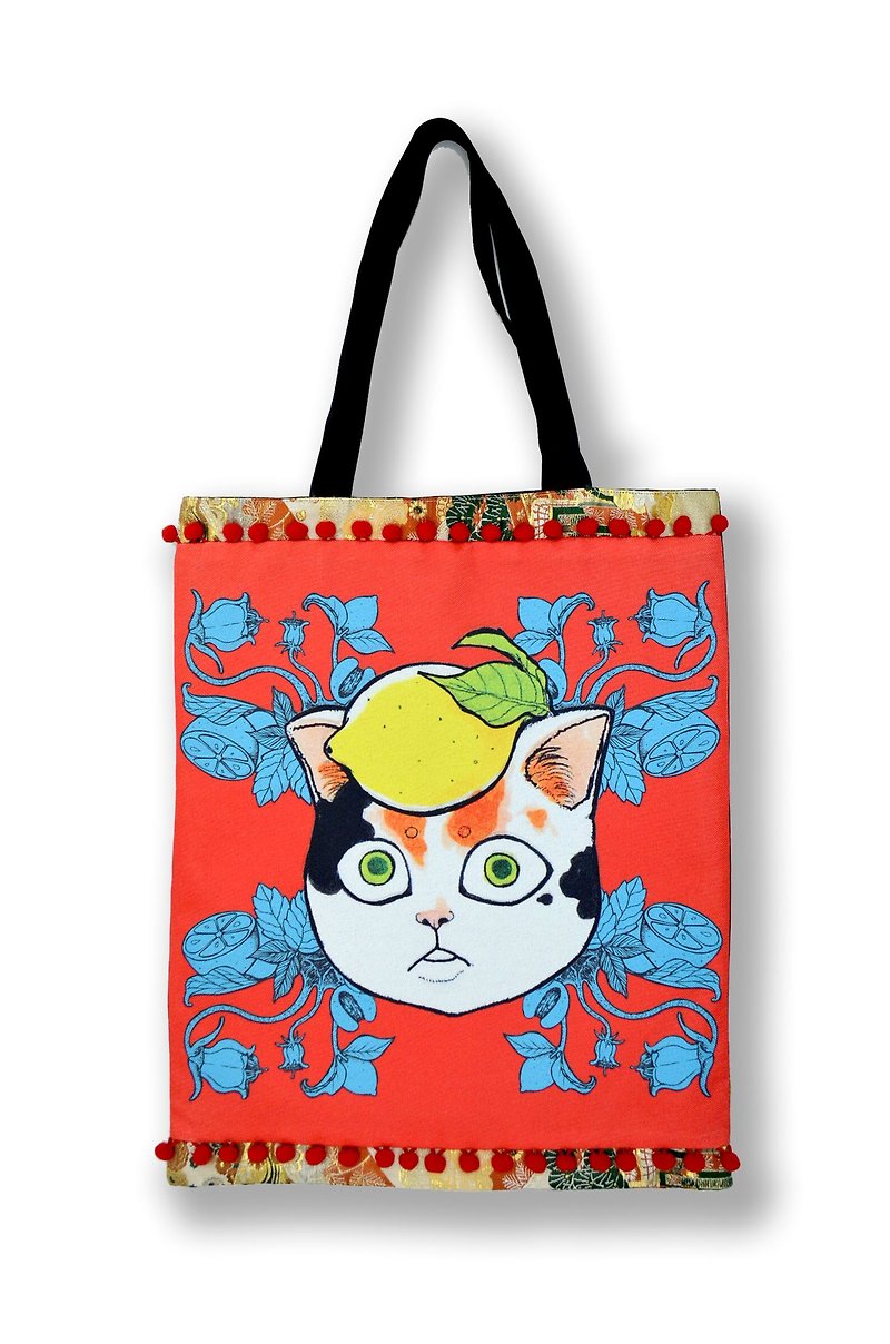 GOOKASO 雙面購物袋 TOTE BAG 橘色檸檬貓咪 棉麻印花圖案 背面日本和服織錦綢緞 綴彩色小球花邊 - 其他 - 棉．麻 橘色