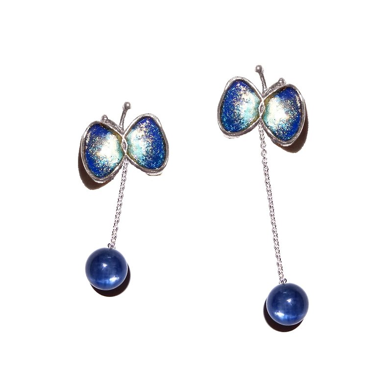 琺瑯蝴蝶925銀藍晶石珠不對襯耳環  預購 - 耳環/耳夾 - 寶石 藍色