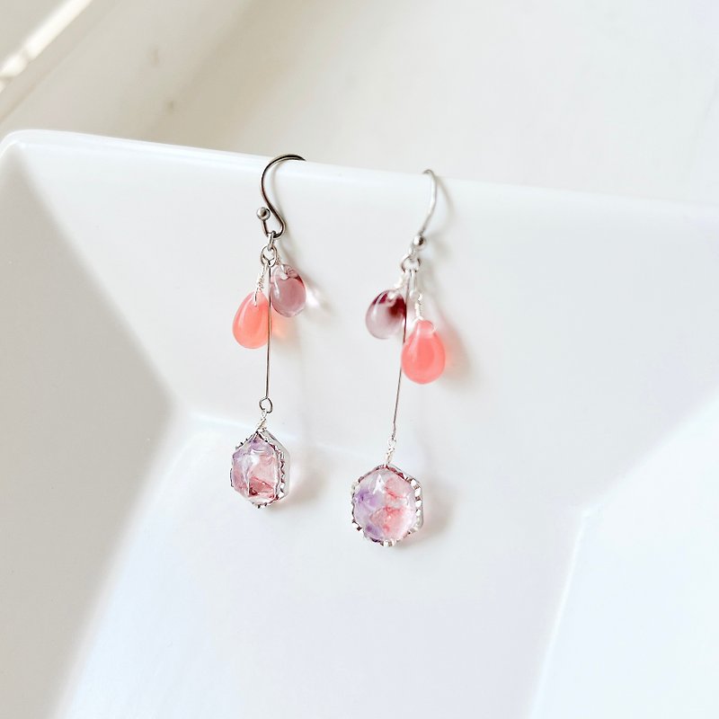 Natural Stone Rose Quartz/Amethyst Hexagon Teardrop Glass Clip-On Hypoallergenic Surgical Stainless Steel 0042 - Earrings & Clip-ons - Semi-Precious Stones Pink
