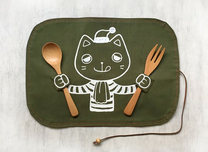 聖誕派對 貪吃小貓收納餐墊 / 綠 / 交換禮物 - 桌布/桌巾/餐墊 - 棉．麻 綠色