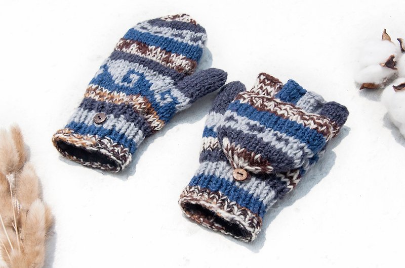 Hand-knitted pure wool knit gloves / detachable gloves / inner bristled gloves / warm gloves - blue mosque - Gloves & Mittens - Wool Blue