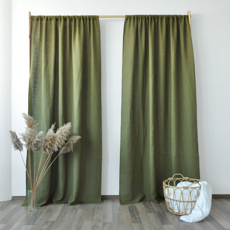 Dark olive regular and blackout linen curtains / Custom curtains / 2 panels - 門簾 - 亞麻 綠色