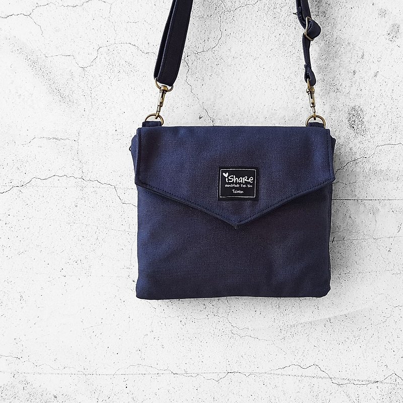 Double Envelope Shoulder Bag - Dark Blue (Multi-Mezzanine / Carry-on Bag / Walking Bag) - กระเป๋าคลัทช์ - ผ้าฝ้าย/ผ้าลินิน สีน้ำเงิน